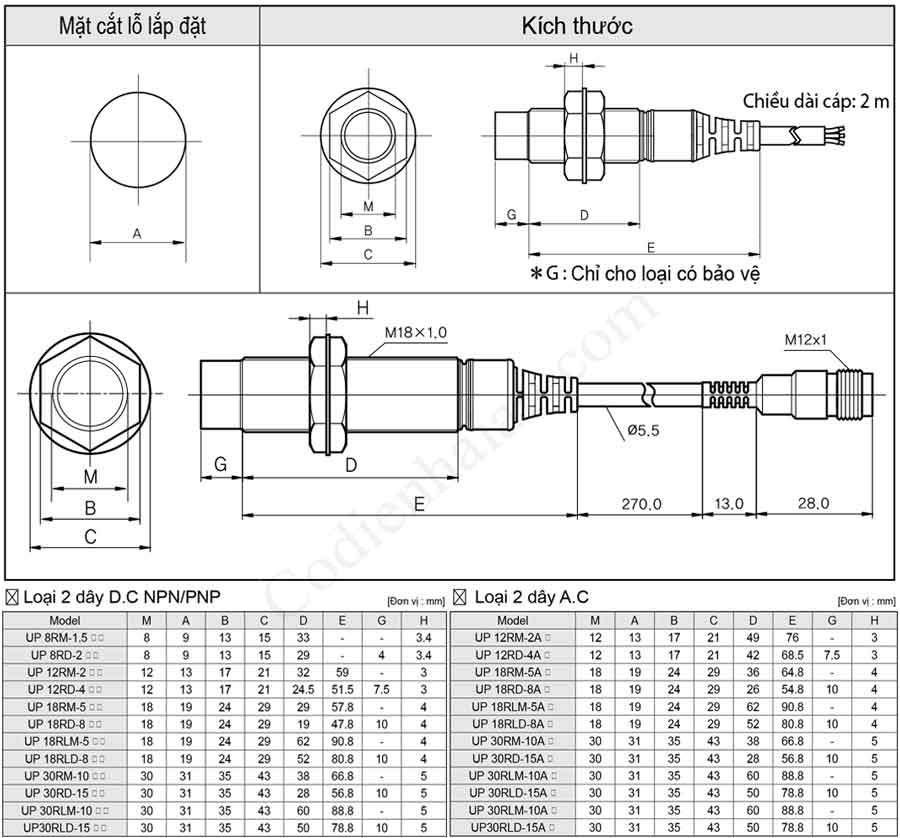 Kích thước lắp đặt cảm biến tiệm cận Hanyoung UP Series